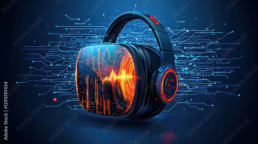 Poster vibrant and futuristic looking headphones with illuminated audio visualization on a digital circuit 