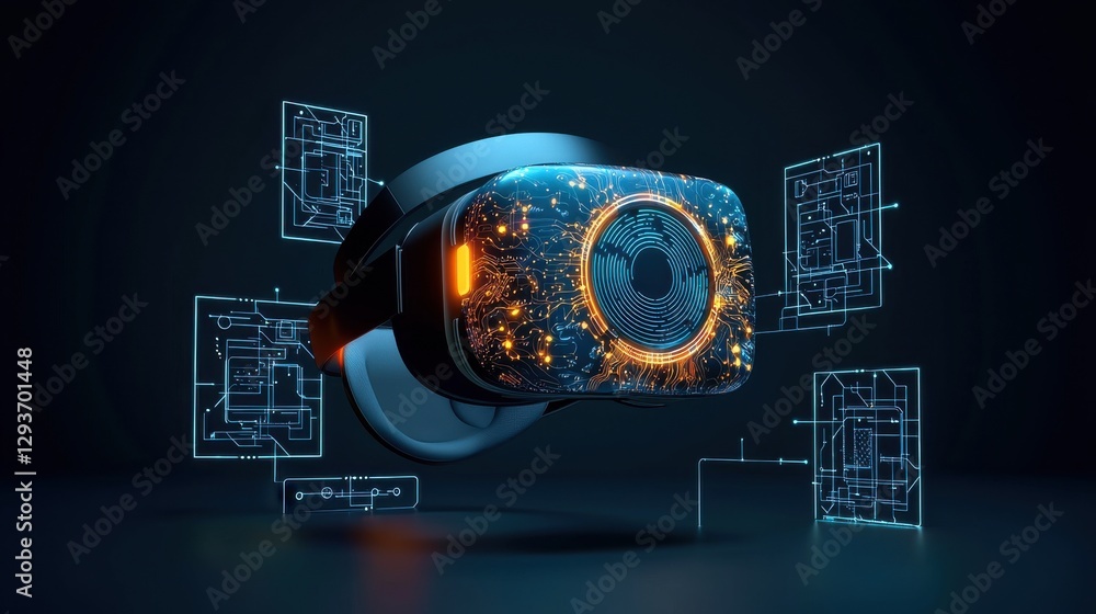 Poster futuristic virtual reality holographic interface with wireframe blueprint visualizations for advance