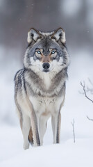 Fototapeta premium A cinematic shot of an old wolf with blue eyes in the snow 