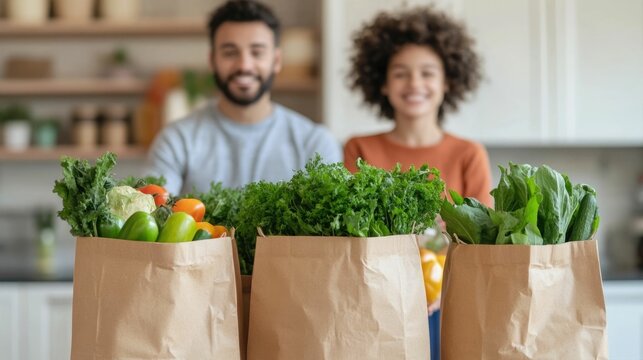 A family unpacking fresh  seasonal produce and groceries from reusable bags in the warm  inviting setting of their home