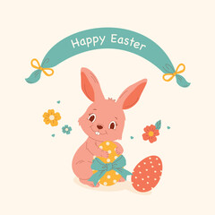 A cute Easter bunny holding a decorated egg with a bow, surrounded by flowers and festive elements. Perfect for greeting cards, invitations, prints, and children’s designs.
