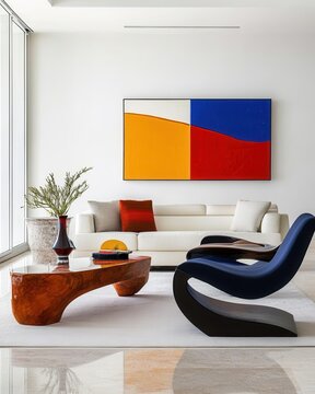 A postmodern living room with bold abstract artwork, unconventional sculptural furniture, contrasting color palettes of red, blue, and yellow