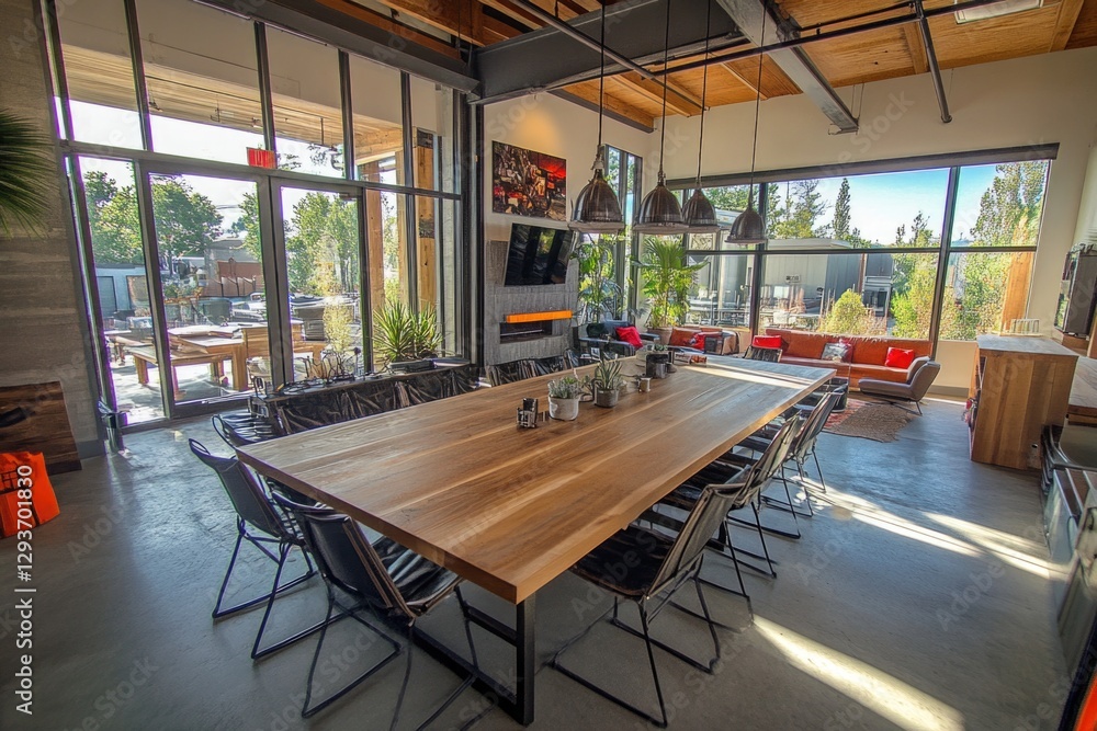 Poster a large wooden table in a bright and airy room filled with natural light from multiple windows