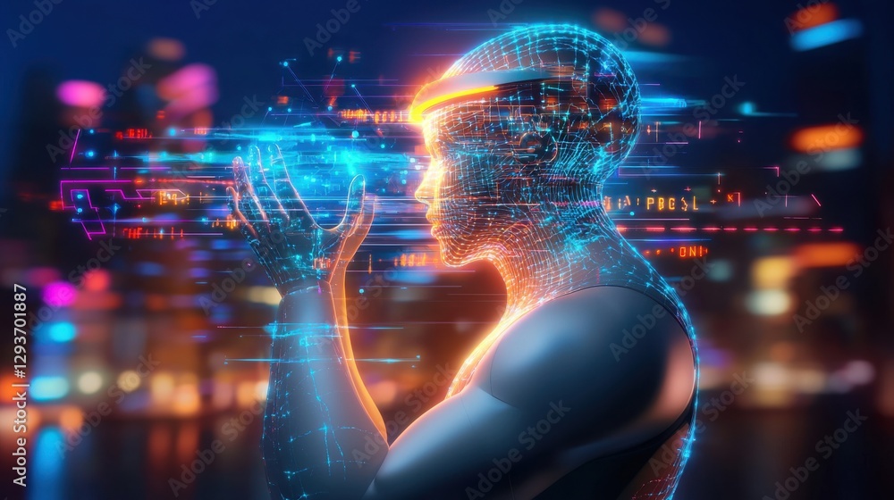 Poster futuristic intelligence cyborg figure with glowing holographic data interface representing technolog