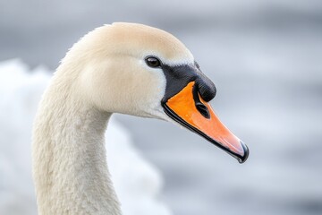 A detailed view of a white swan's head, featuring its distinctive orange beak