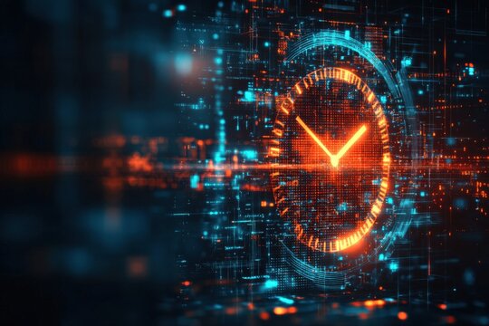 Futuristic Digital Clock Representation Featuring Neon Colors Against a Technological Background: A Vibrant Visualization of Time in a Cybernetic World