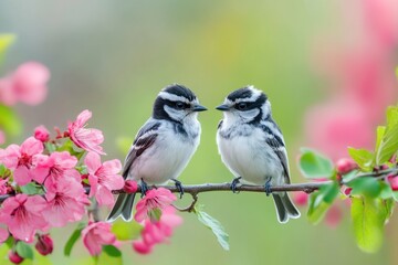 Obraz premium Two birds perched on a tree branch, outdoor setting