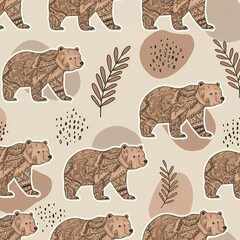 Naklejka premium Broun bear pattern with abstract shapes for t-shirt design.