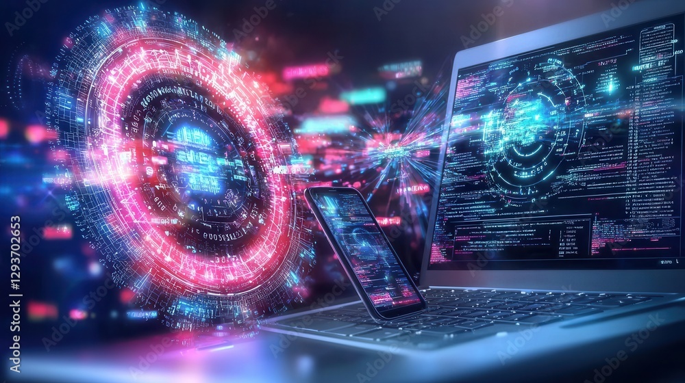 Poster futuristic digital cyber technology interface with glowing holographic data and information visualiz
