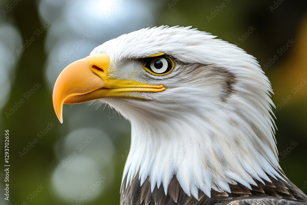 Poster Close-up view of a bald eagle's head with sharp features and feathers