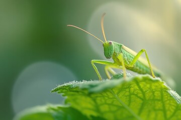 Fototapeta premium A close-up shot of a grasshopper sitting on a leaf, with intricate details visible