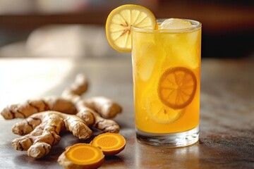 Fototapeta premium Freshly squeezed lemonade served with a slice of lemon in a clear glass