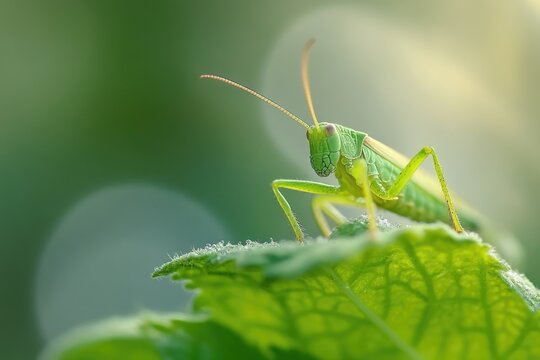 A close-up shot of a grasshopper sitting on a leaf, with intricate details visible