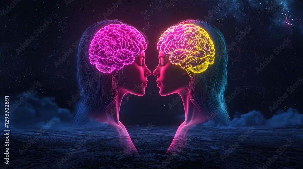 Poster glowing brains in cosmic synapse creative thinking and innovative mind process abstract conceptual i