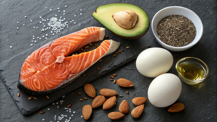 Keto diet theme – top view of salmon, avocado, eggs, nuts, and seeds on a bright. Ideal for fitness and cookery blogs and websites.