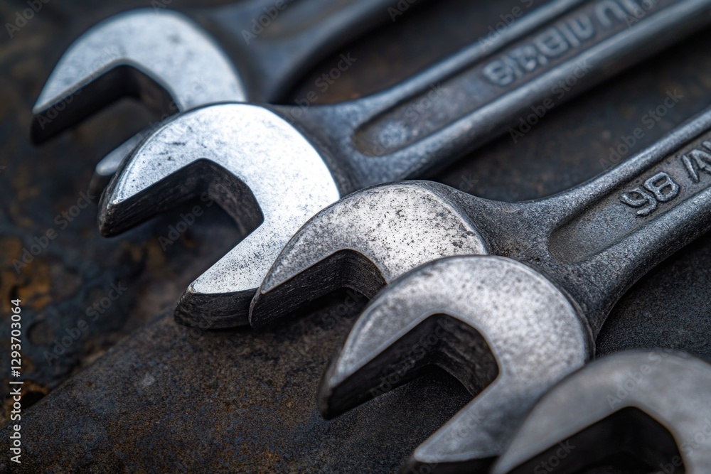 Poster a pair of wrenches resting on a flat metal surface, ideal for use in diy projects or as a decorative