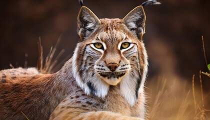 Eurasian Lynx Resting Intently as it Gazes at the Camera, Stripes and Rustic Surroundings Portray a Serene Moment in the Wilderness, Capturing the Majestic Beauty of the Iberian Feline at Sunset.