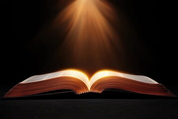Illuminated open book against dark background, radiating warmth