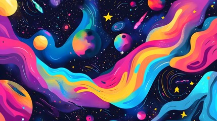 Colorful painting of a galaxy with a rainbow-colored stream of water. The painting is full of planets and stars, and the colors are vibrant and bright. The mood of the painting is joyful and playful