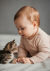 Obraz premium Adorable baby with curious kitten on soft blanket