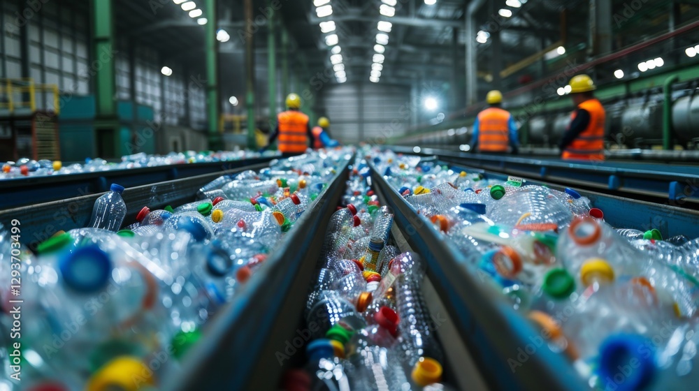 Aufkleber employees wearing safety vests and helmets work to sort an extensive line of plastic bottles at a re