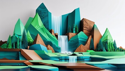 Fototapeta premium Abstract Paper Cut Mountains with Waterfall Trees and Pond Bright and Colorful