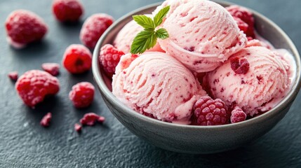 A colorful and inviting image of a bowl filled with fresh raspberries and scoops of ice cream