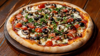 Delicious pizza with mushrooms tomatoes and olives is displayed