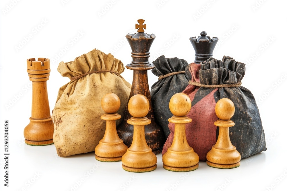 Poster a set of chess pieces arranged together on a table or board, ready for play
