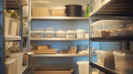 Organized Kitchen Pantry with Clear Containers, Shelves Stocked with Various Food Items and Ingredients in Soft Natural Light Enhancing the Clean and Tidy Atmosphere