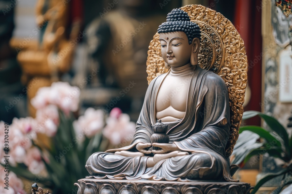 Poster a serene buddha statue sits atop a table, ready for contemplation or display