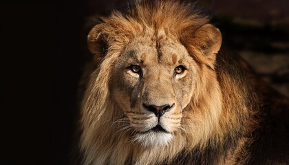 Majestic Closeup of an African Lion, Raw Power and Grace in the African Savannah Twilight, With a Backdrop of Warm Earth Tones, Capturing the Untamed Beauty and Strength of the King of Beasts.