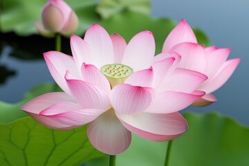 Fototapeta premium Delicate pink lotus blossoms surrounded by lush green leaves, re