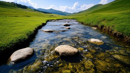 Naklejka premium Serene nature scene with a crystal-clear stream flowing through a vibrant grassland, a dreamlike and heavenly atmosphere