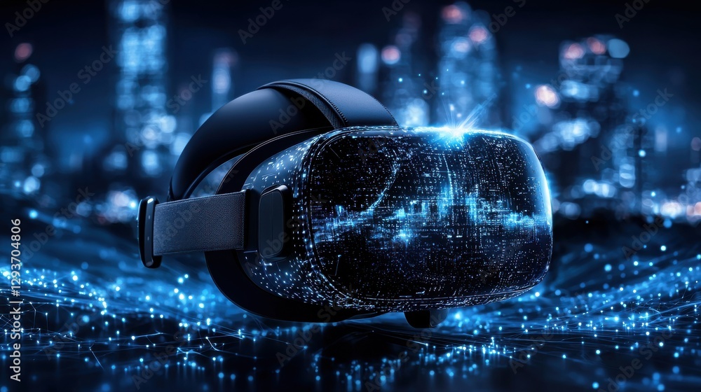Poster futuristic virtual reality headset in a glowing city skyline with illuminated skyscrapers wireless n