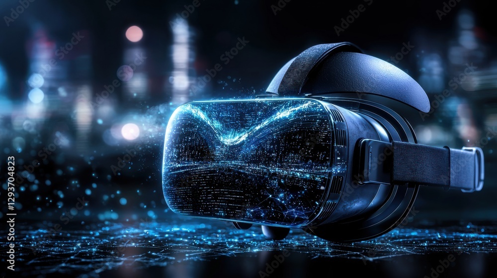 Poster a virtual reality headset submerged in a captivating digital landscape surrounded by a flowing lumin