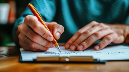 Serious teacher writing constructive feedback on a student homework, detailed notes, positive reinforcement