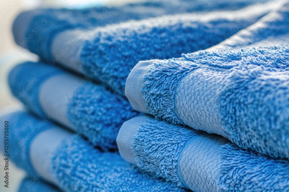 Poster a stack of blue towels sitting on top of a counter, perfect for use in bathroom or spa settings