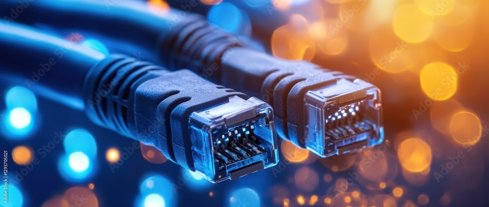 Poster high-definition close-up of ethernet cables against a blurred colorful background, highlighting the 