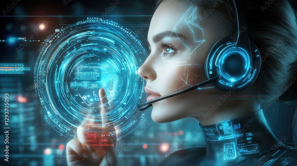 Poster futuristic cyborg woman with headset utilizing advanced digital interface for data analysis and visu