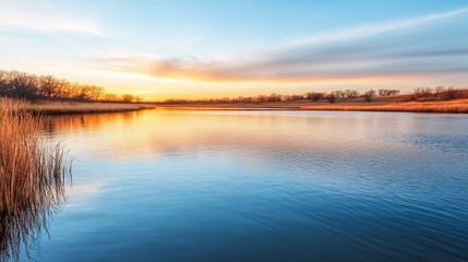 Fototapeta premium Sunset light dappling on the surface of a quiet fishing lake.