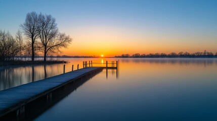 Fototapeta premium Tranquil sunrise over a calm lake, evoking peace and serenity. 