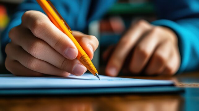 Serious teacher writing constructive feedback on a student homework, detailed notes, positive reinforcement