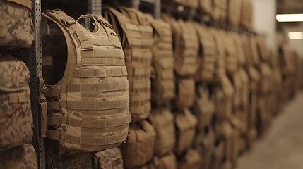 Stacked military vests. These are standard issue tactical gear worn by soldiers and personnel in the armed forces on display. Many vests are piled in a warehouse.