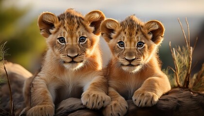 Obraz premium Adorable Lion Cubs Playfully Exploring a Vibrant Savannah, Filled with Golden Grasses and Sunlit Serenity.