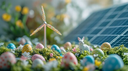 Colorful Easter eggs, Easter bunny and a wind turbine surrounded by flowers and greenery in a spring setting with a solar panel. Easter greetings from the energy company. Happy Easter. With copy space