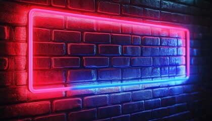 Obraz premium A glowing red and blue neon frame against a dark brick wall background, with ample copy space