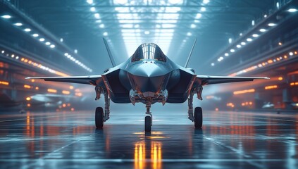 A Stealth Fighter Jet Positioned in a Modern Aircraft Hangar, Captivating Details of Its Aerodynamic Design and Cutting-Edge Technology Illuminated by Ambient Lighting
