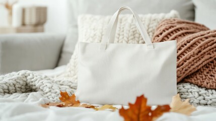 Cozy autumn scene with a blank tote bag on a bed with knit blankets and pillows.