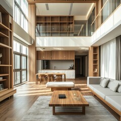 A modern living room with two stories and wooden furnishings